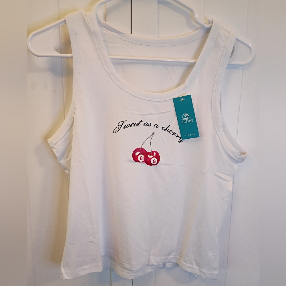 CUPSHE White Tank Top with Red Cherry Graphic